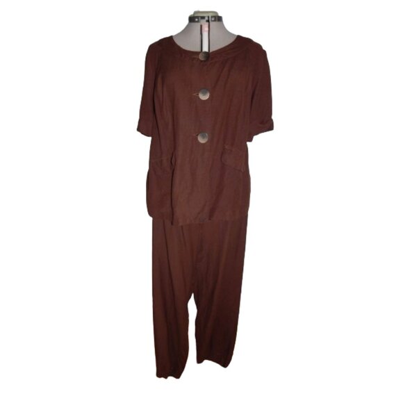 Avenue Plus Size 18 20 22 24 Brown Linen 2 Piece Blouse Pants Set Outfit Shirt - Picture 1 of 15